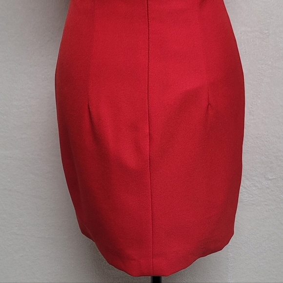 Deborah Laws Vintage Red Crepe Gold Rhinestone Bow Brooch Bodycon Mini Dress 2 - Picture 9 of 11